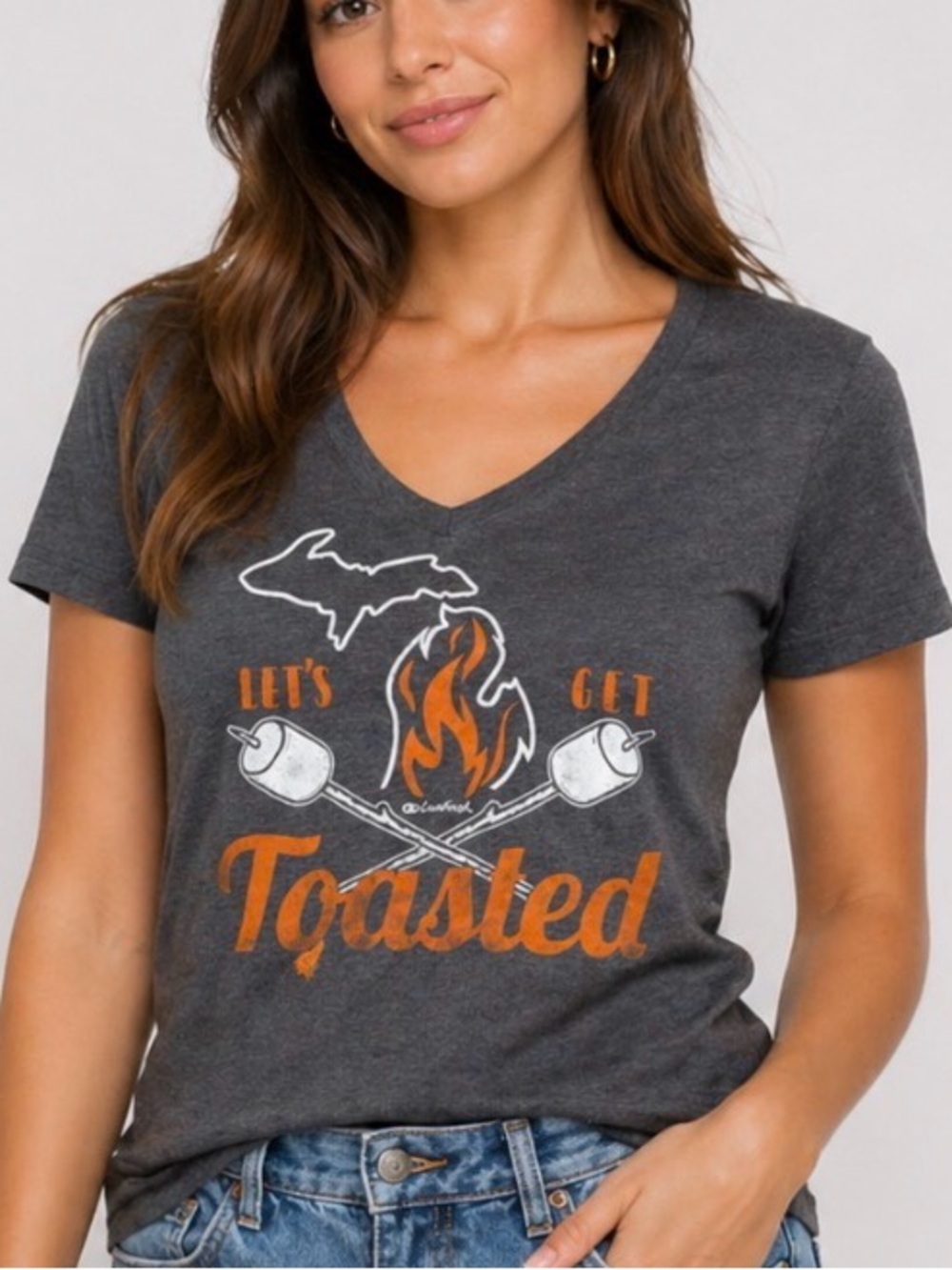 "Let's Get Toasted" women's T-shirt V-neck camping s'mores fire marshmallow SZ S
